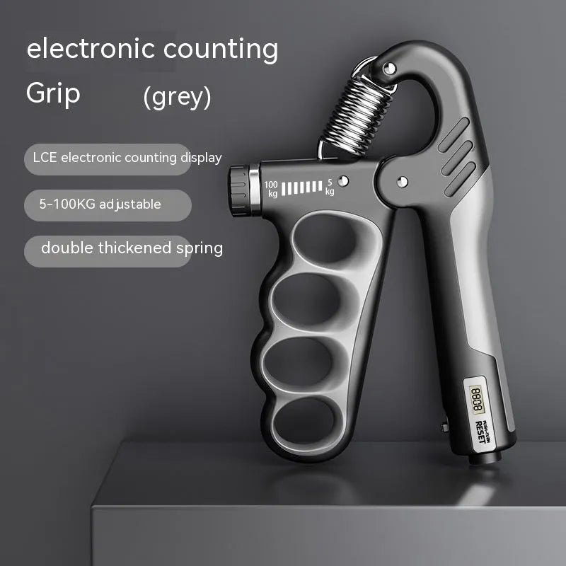 Adjustable electronic counter spring grip for hand strengthening in grey, orange, and red colour options.
