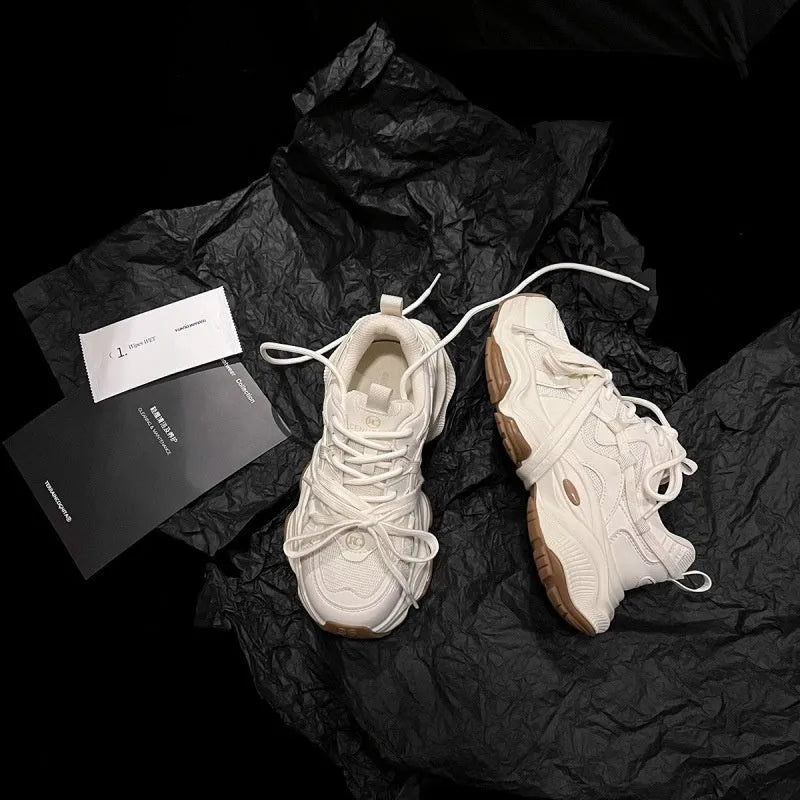 Women's milky white beige light running sneaker with platform heel and microfiber upper