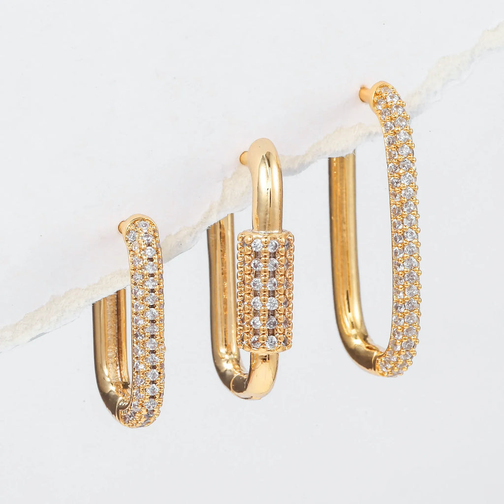 Geometric ear clip three-piece set with micro inlaid zircon detailing in gold or white finish