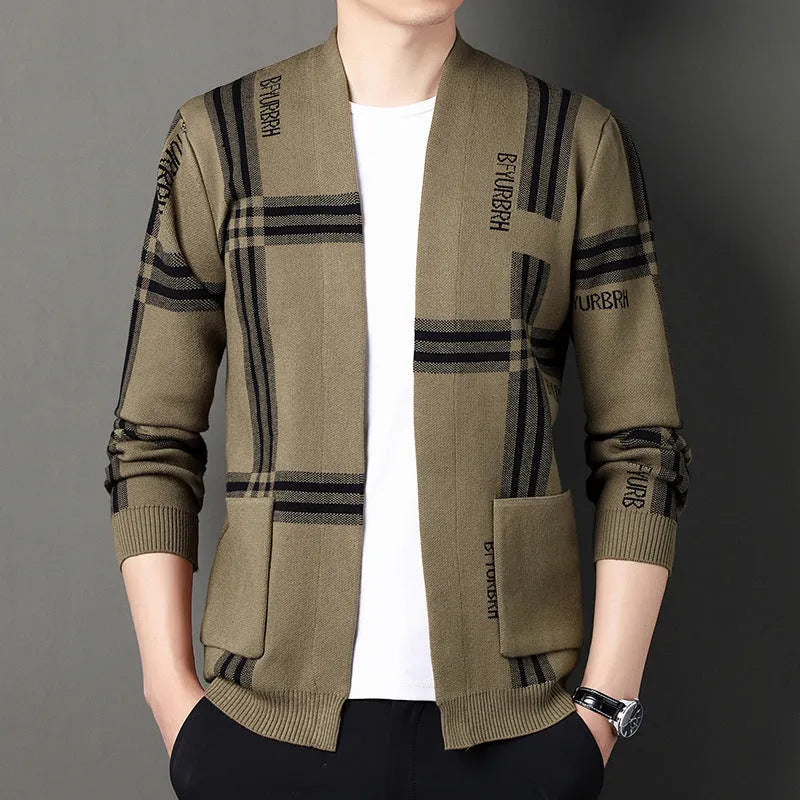 Men's camel and black slim fit long-sleeve knitted cardigan sweater coat with zipper on model