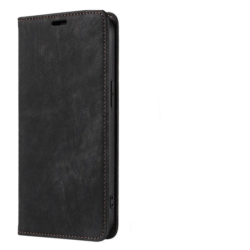 Magnetic flip phone case for iPhone shown closed, displaying the leather front cover and magnetic closure in grey.