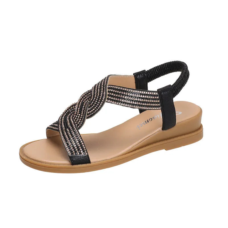 Women's black Roman sandals with fish mouth toe and rhinestones on PVC upper