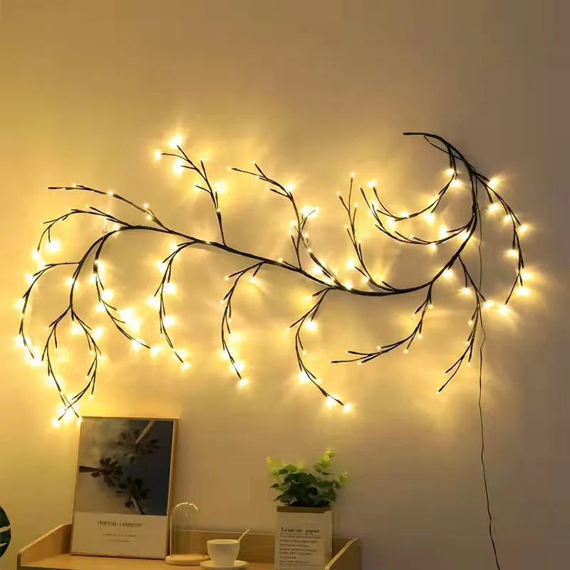 Flexible birch texture LED vine light garland with warm white lights draped along wall