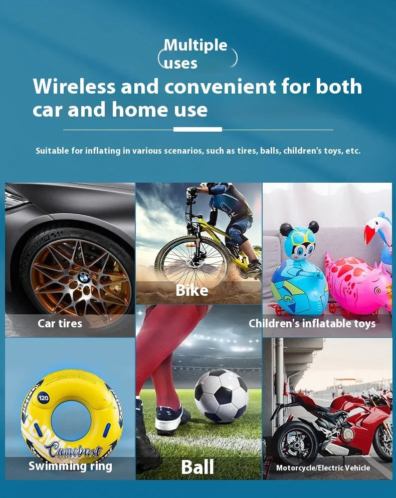 Handheld portable wireless tyre pump with digital display, power bank, and flashlight functions.