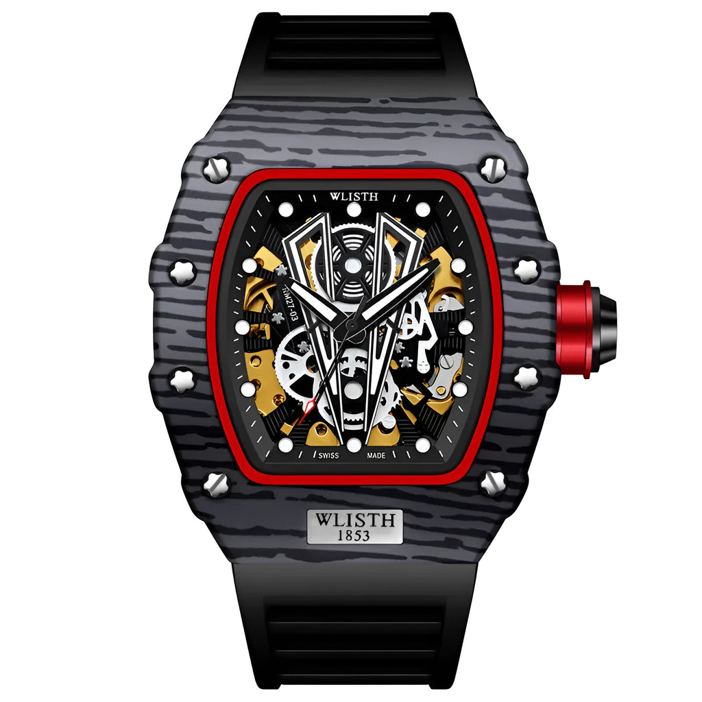 Automatic mechanical watch for men with black case, black strap, luminous dial, and 44mm size