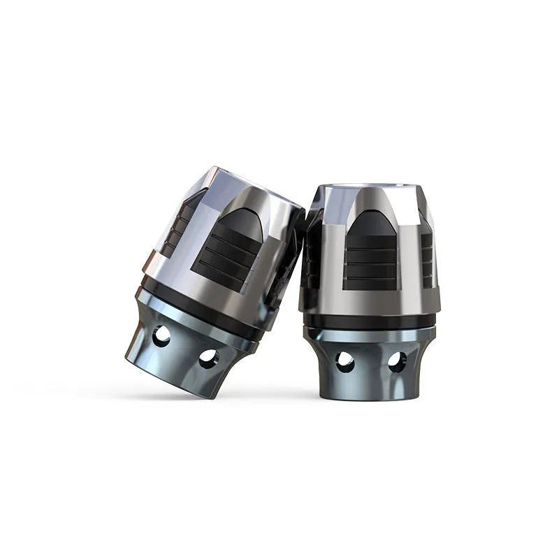 Pair of CNC-machined aluminium anti-drop fork cups for motorcycle and electric car front axles, shown in a coloured anodised finish.