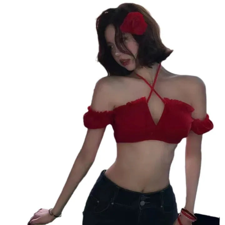 Red women's bikini swimsuit with puff sleeve skirt top and matching briefs