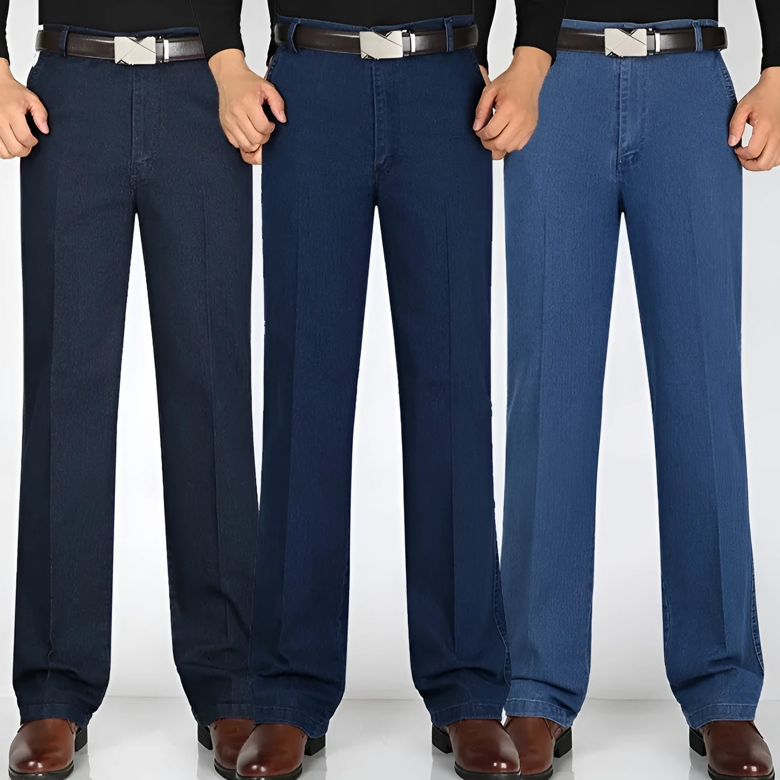 Men's high-waist loose fit blue denim trousers on a hanger, showing the casual cut and zipper fly.