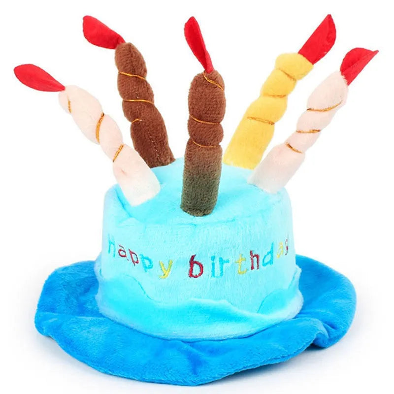 Blue plastic birthday party hat for a small to medium sized dog