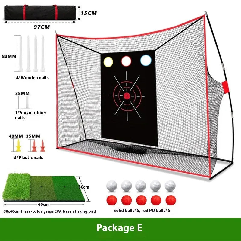 Golf swing wedge training net with 3-hole cross target, straw hitting mat, practice balls and tees