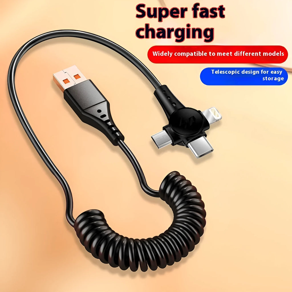 Black telescopic three-in-one charging cable with Lightning, Micro USB and Type-C interfaces