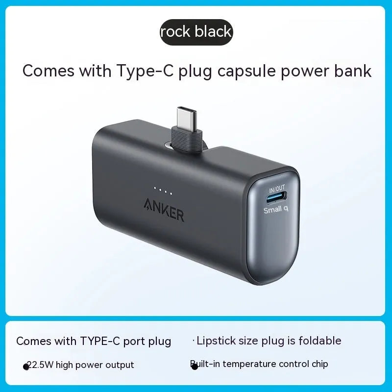 Small capsule-shaped 5000mAh power bank with foldable USB-C head in multiple colours.