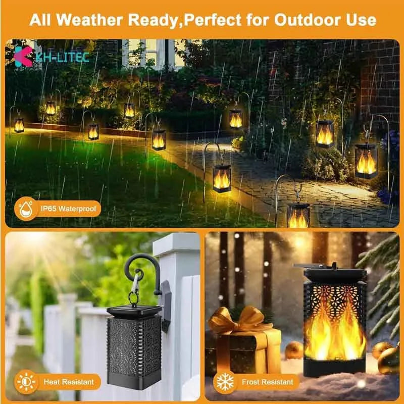 Set of four black solar-powered garden torch lights with flickering flame LED effect on a patio.