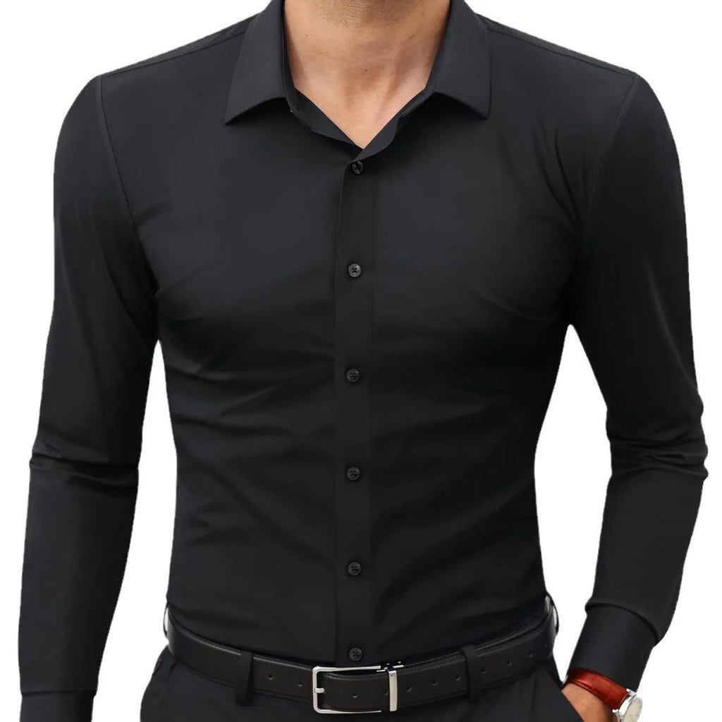 Men's long sleeve full elastic force shirt in solid colour, cardigan style, polyester fabric