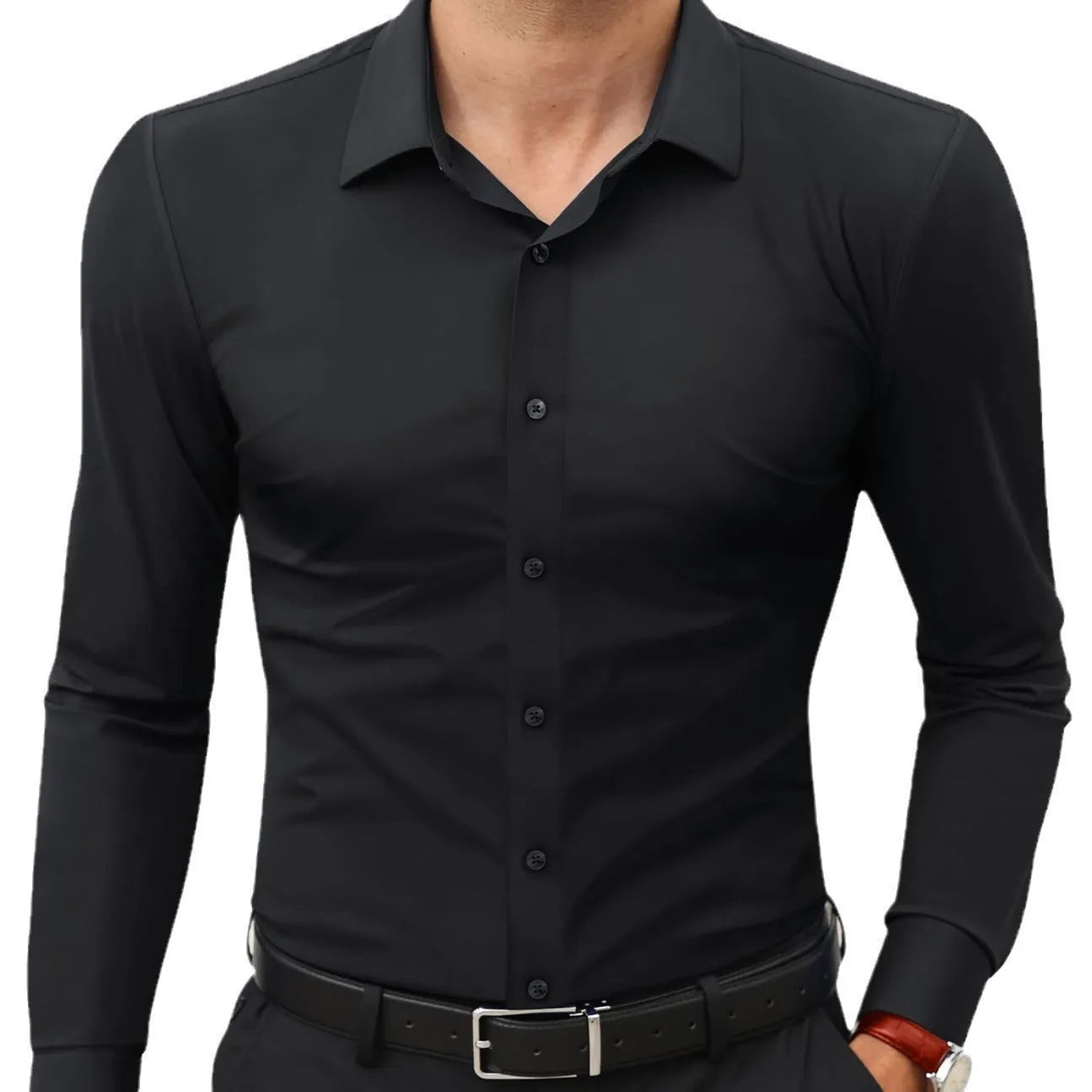 Men's long sleeve full elastic force shirt in solid colour, cardigan style, polyester fabric