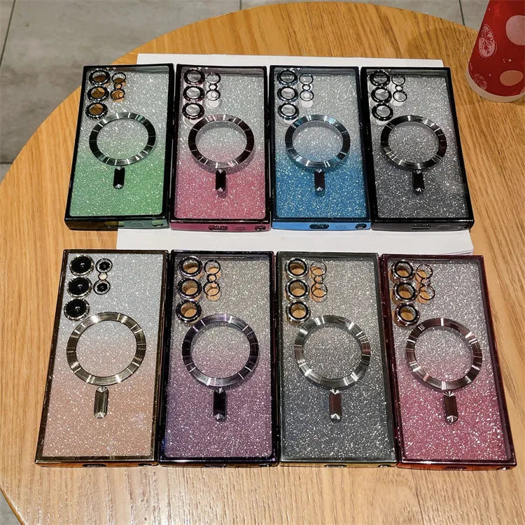 Electroplating magnetic gradient glitter paper soft shell Samsung phone case in dark green, pink, blue, black, gold, purple, silver, red