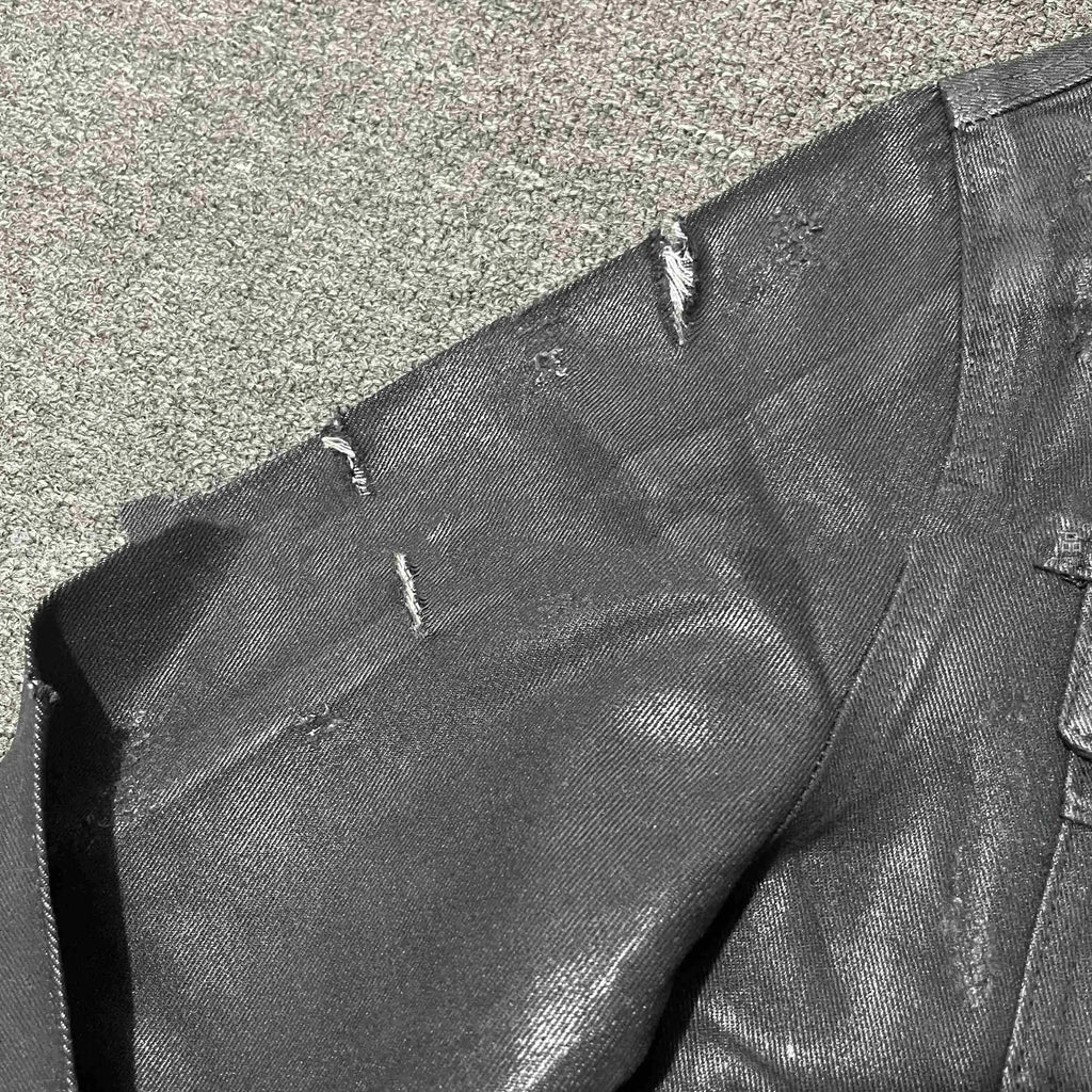 Denim coat archive short slim jacket in black polyester with lapel collar and long sleeves