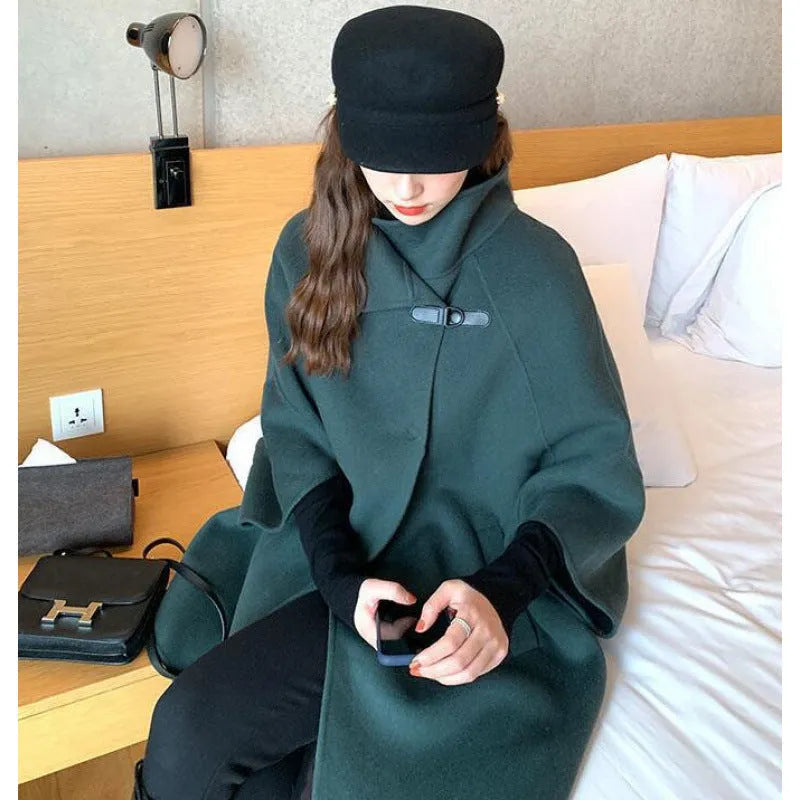Women's long oatmeal green acrylic coat with flight sleeves and 100cm length