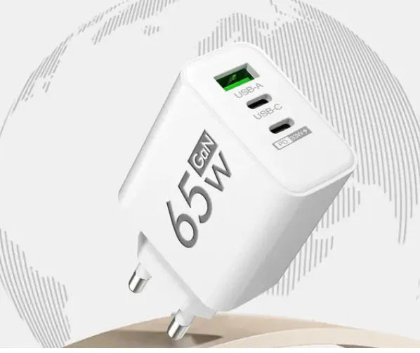 65W frosted square multi-port charger with 1USB and 2PD ports in EU White colour variant