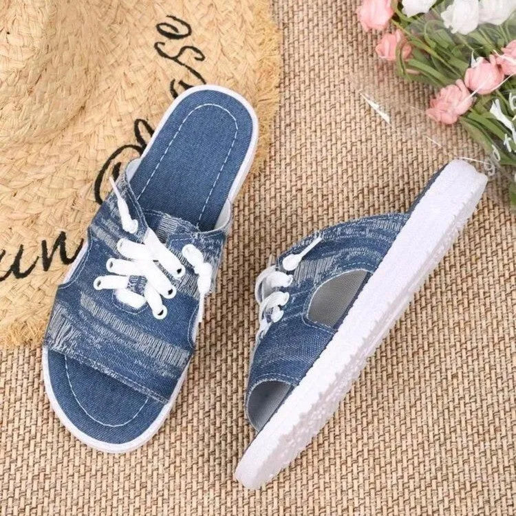 Blue women's flat canvas slippers with cloth upper and rubber sole in roman style