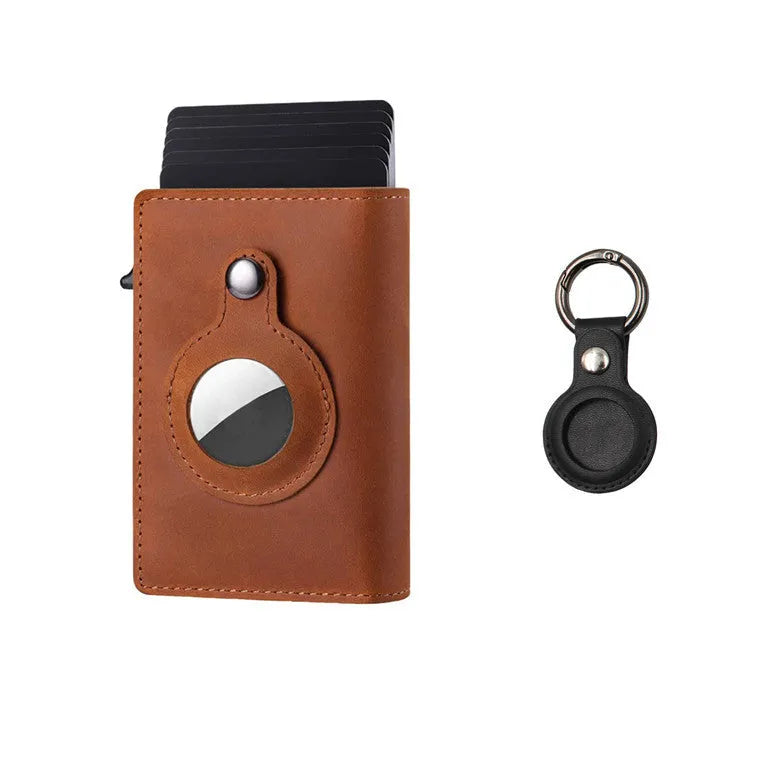 Genuine leather Crazy Horse card holder wallet with multiple card slots and air tag compartment in brown finish