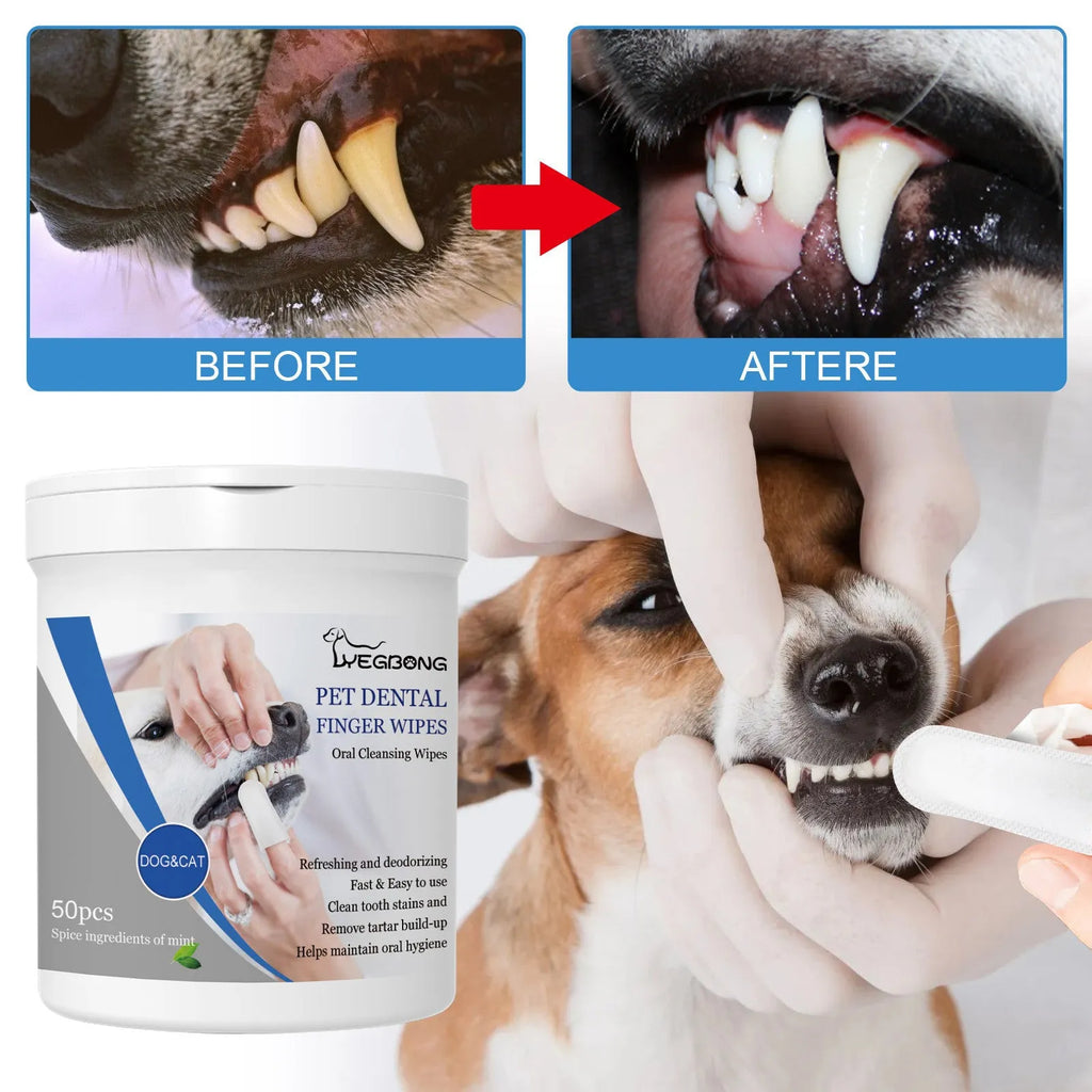 Canister of 50 dog teeth cleaning finger wipes with a reusable finger stall applicator for oral care.