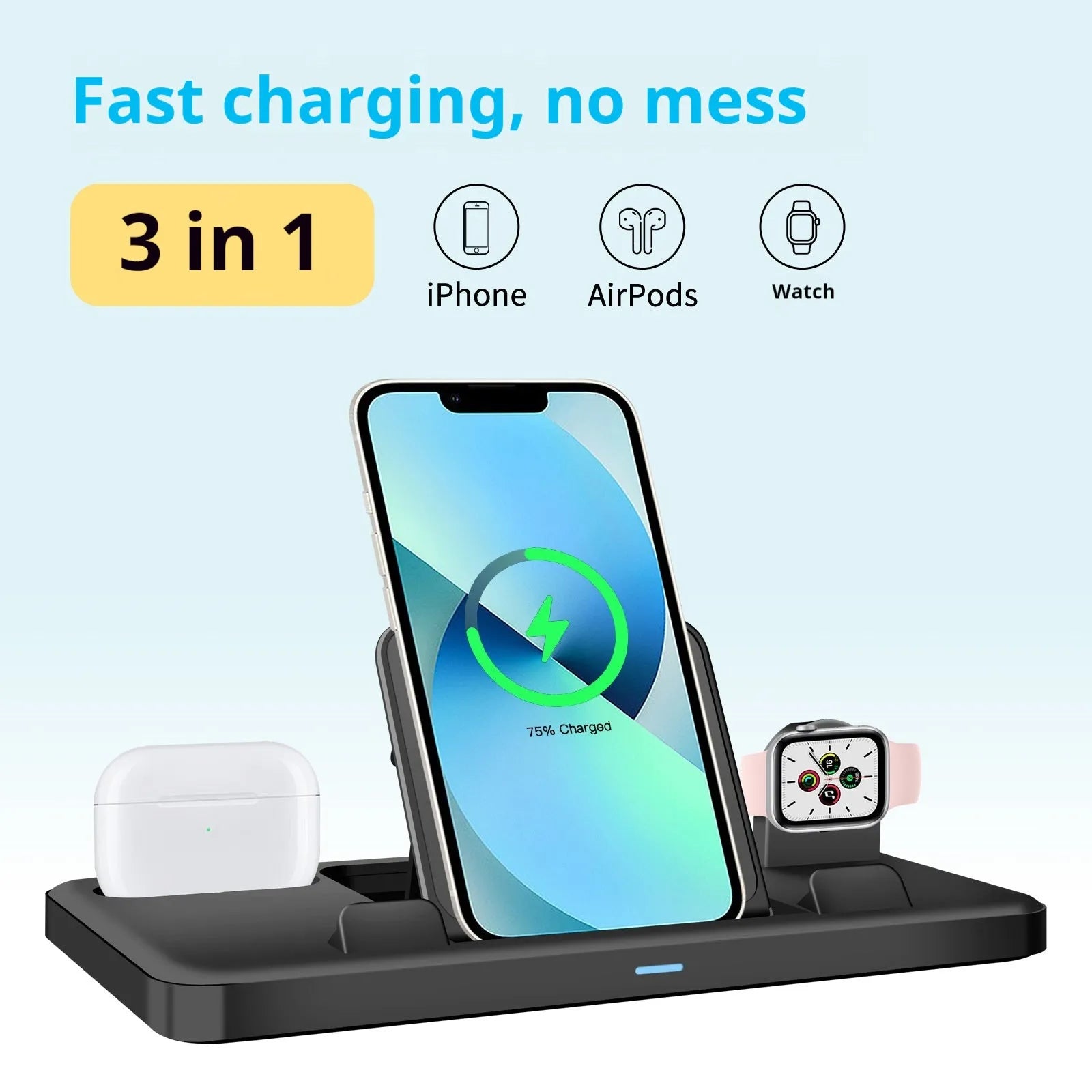 Black ABS three-in-one charging base with phone in upright bracket and tablet on pad