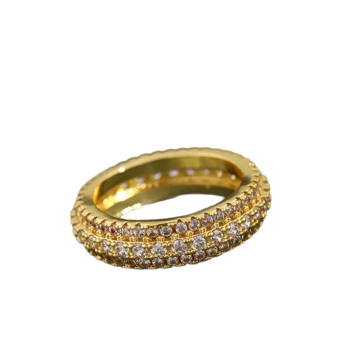 Geometric triangle ring with a zircon stone in a copper band, shown in white gold finish.