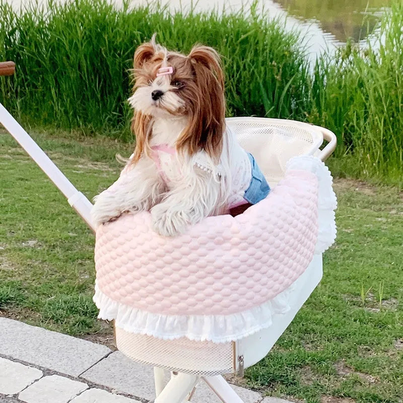 Pure cotton pet stroller set with anti-dirty towel, cushion, and pillow in a floral colour pattern.