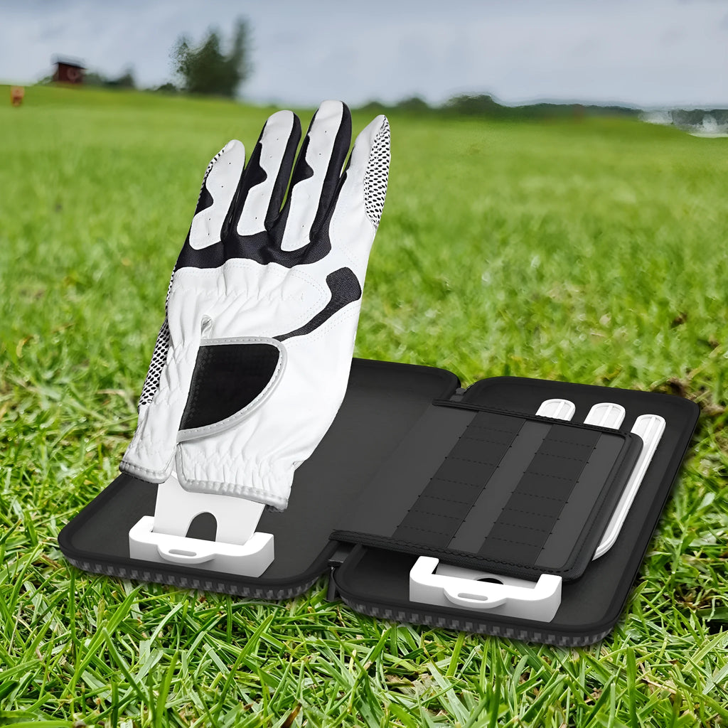 Silver grey golf double glove storage bag with two wall mounting brackets for organised golf accessory storage