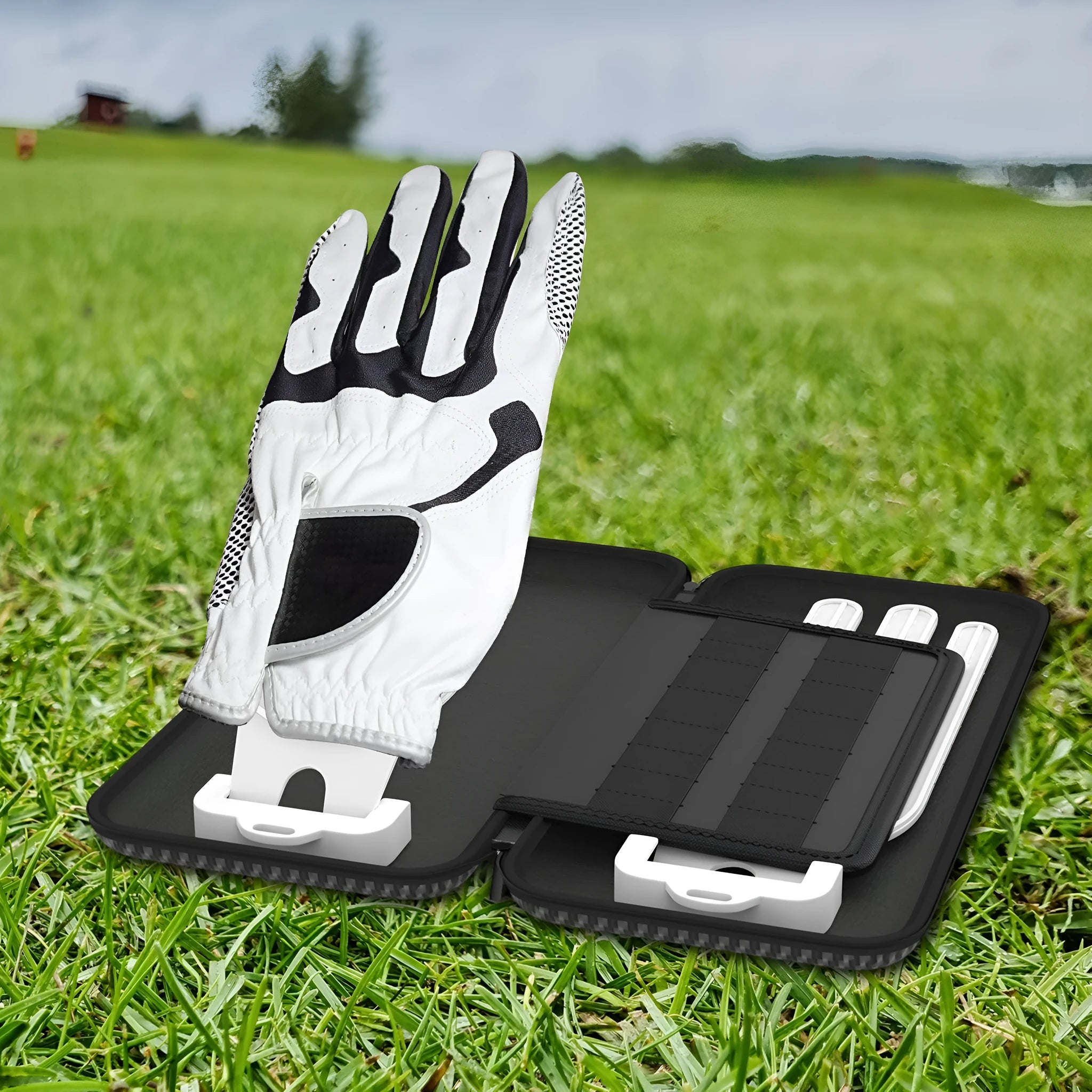 Silver grey golf double glove storage bag with two wall mounting brackets for organised golf accessory storage