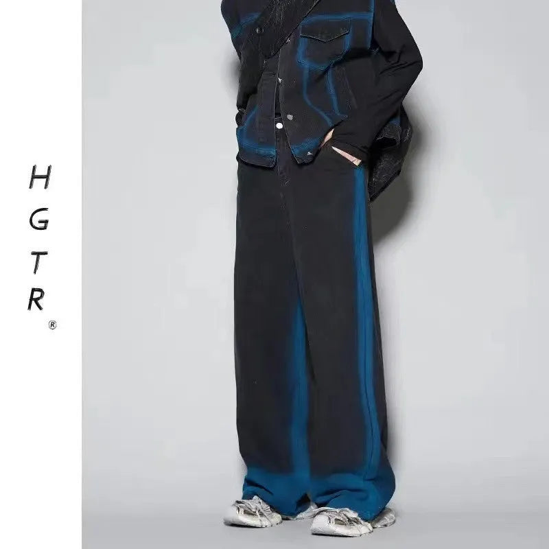 Distressed denim vest and jeans set with spray colour gradient finish and fleece lining