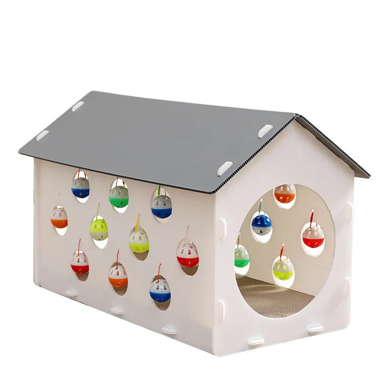 Grey integrated cat furniture with sisal scratching panel, plush-lined round nest, and tunnel with dangling bell ball toy.
