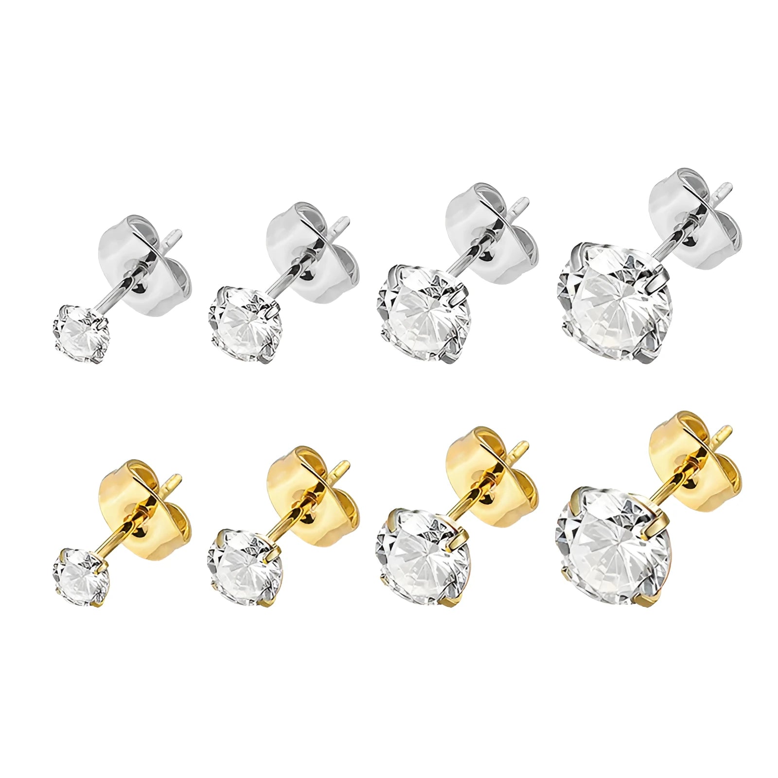 Simple geometric stud earrings with zircon stone in gold or steel colour on grey background.