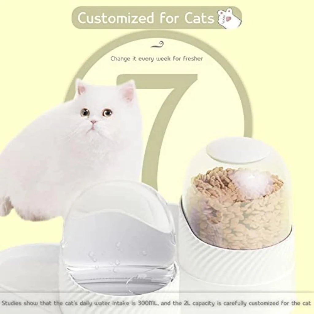 White automatic gravity cat feeder and water dispenser set with wave-patterned design.