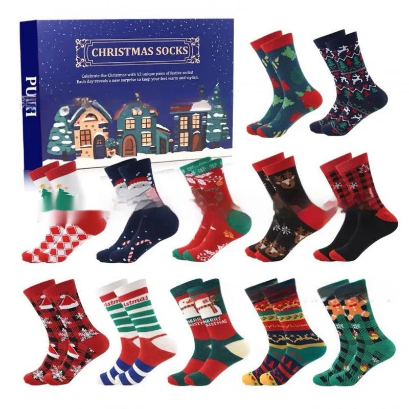 Set of seven colourful miniature Christmas sock ornaments from a blind box collection.