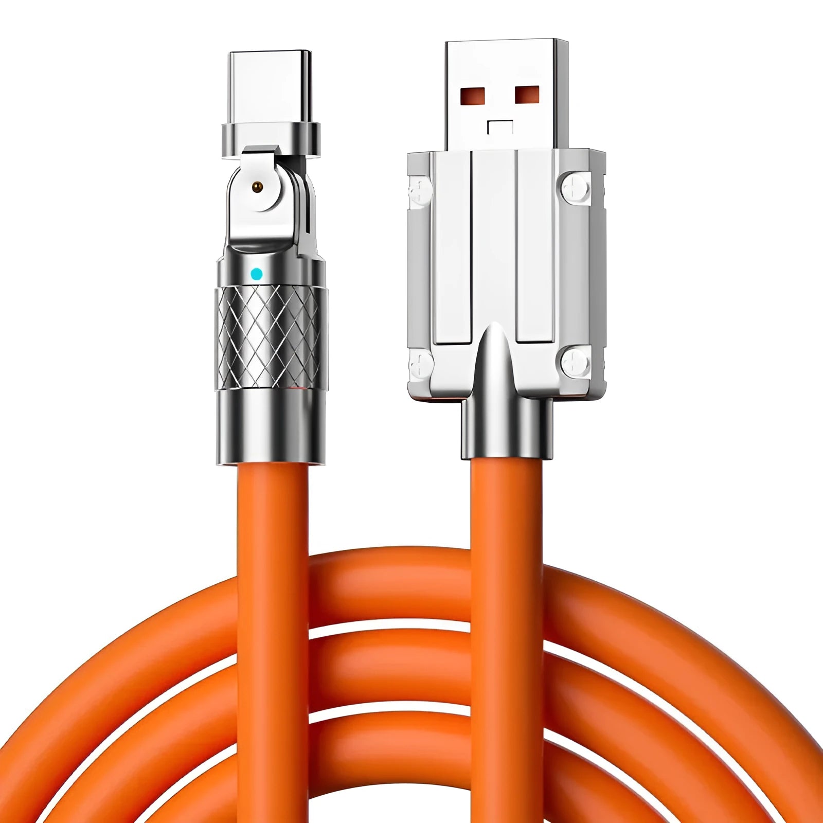 Orange mobile game charging cable with rotating elbow design showing Lightning, Micro USB and Type-C connectors