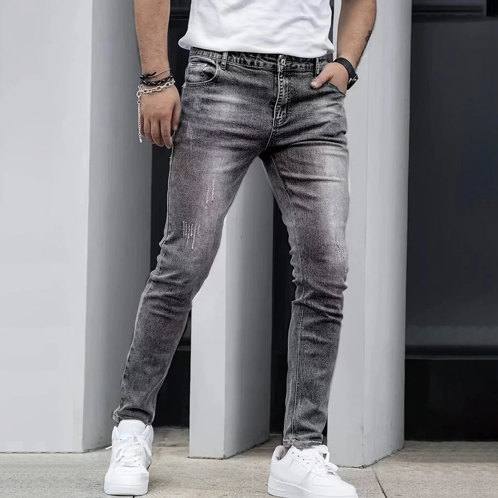 Men's straight-leg skinny jeans in black with high elasticity cotton fabric and zipper fly