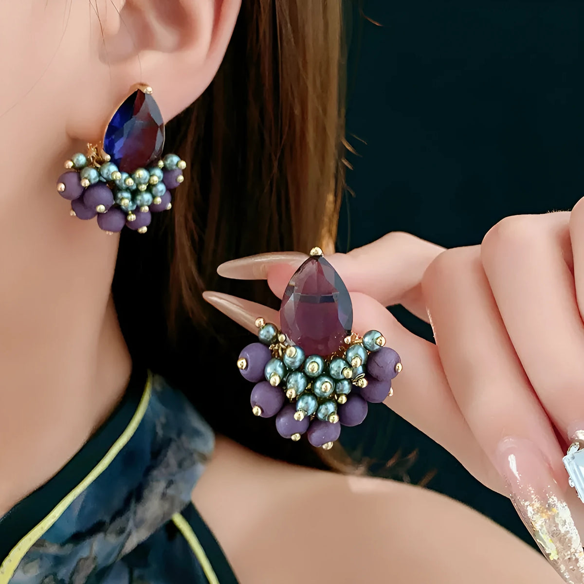 Retro purple water drop tassel earrings with silver needle alloy fitting, one pair