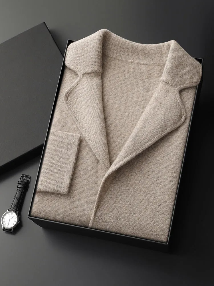 Lapel men's solid colour cashmere cardigan sweater with a loose fit and thickening knit.