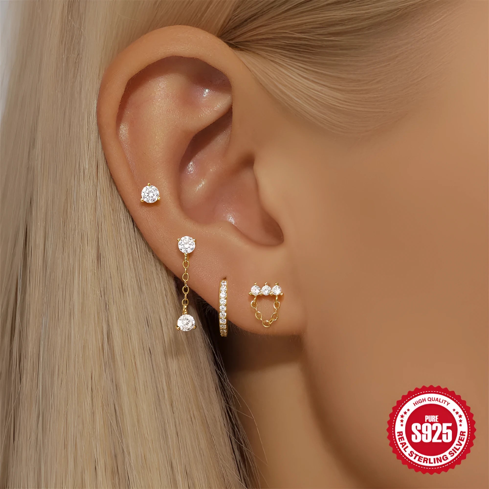 S925 sterling silver geometric clover petal earrings with electroplated gold finish options