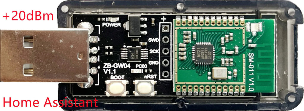 Silicon Labs EFR32MG21 Zigbee USB dongle with plastic shell and USB connector