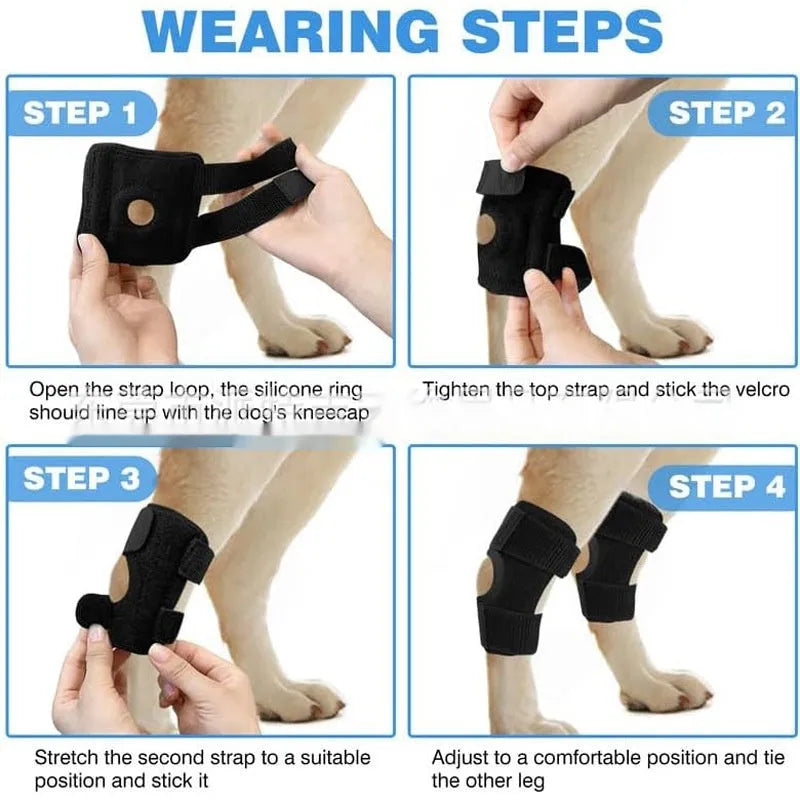 Black adjustable polyester pet leg guard for joint support and injury protection.