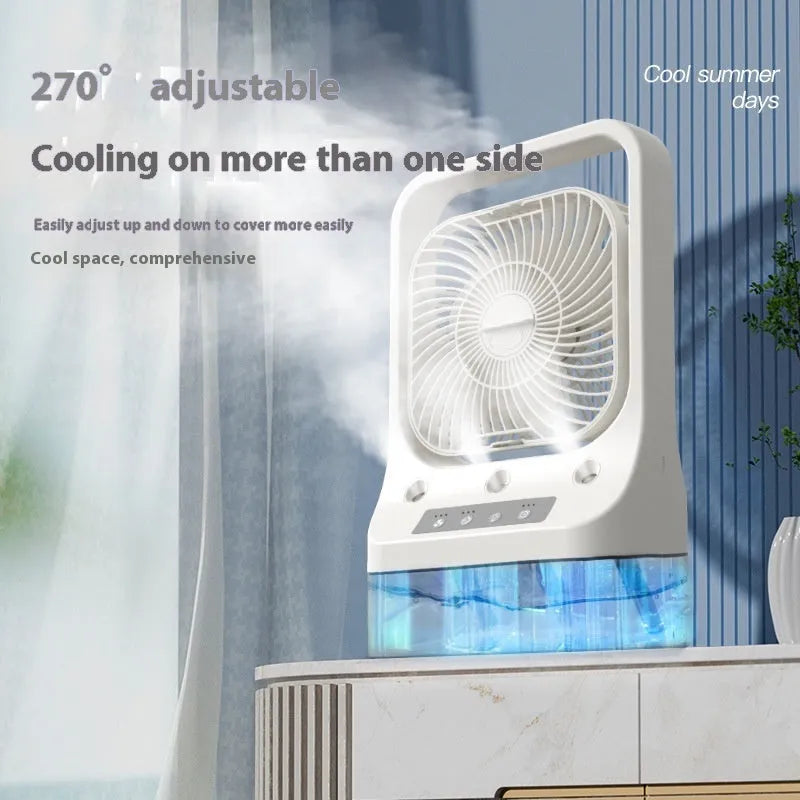 White USB rechargeable water-cooled air cooler fan with adjustable head and colour-changing lights