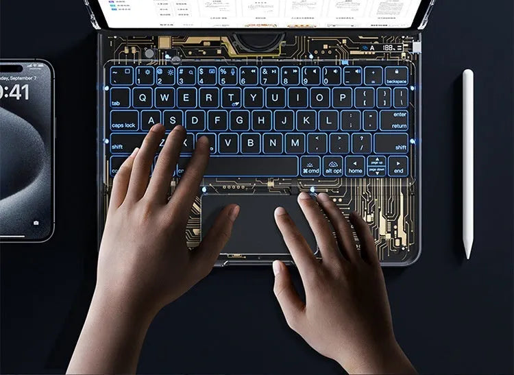 360 swivel transparent keyboard case for iPad with trackpad and pen slot, showing open position