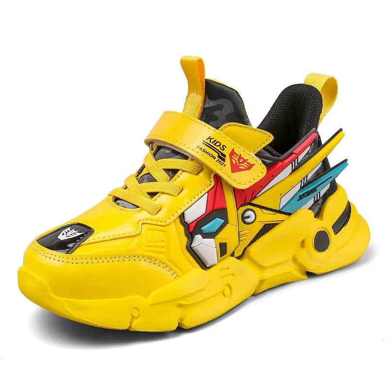 Children's leather surface running shoes with Velcro fastening in yellow, black red, or lake blue colours