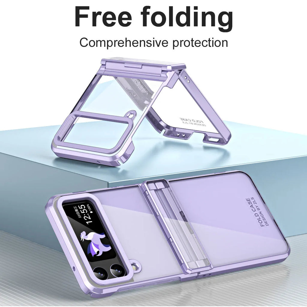 Samsung Z Flip 4 Z Flip 5 foldable PC phone case with transparent back and electroplated hinge in Black Phantom colour