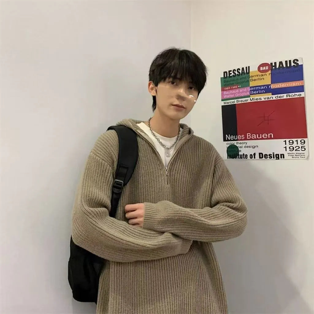 Men's half zipper hooded sweater in black, polyester fabric, long sleeves, pullover style, winter casual wear