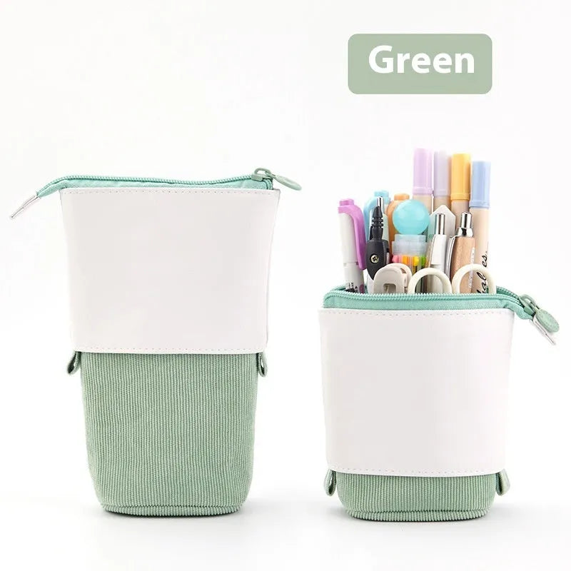 Korean style corduroy stationery case with a drop-down telescopic design in various colours.