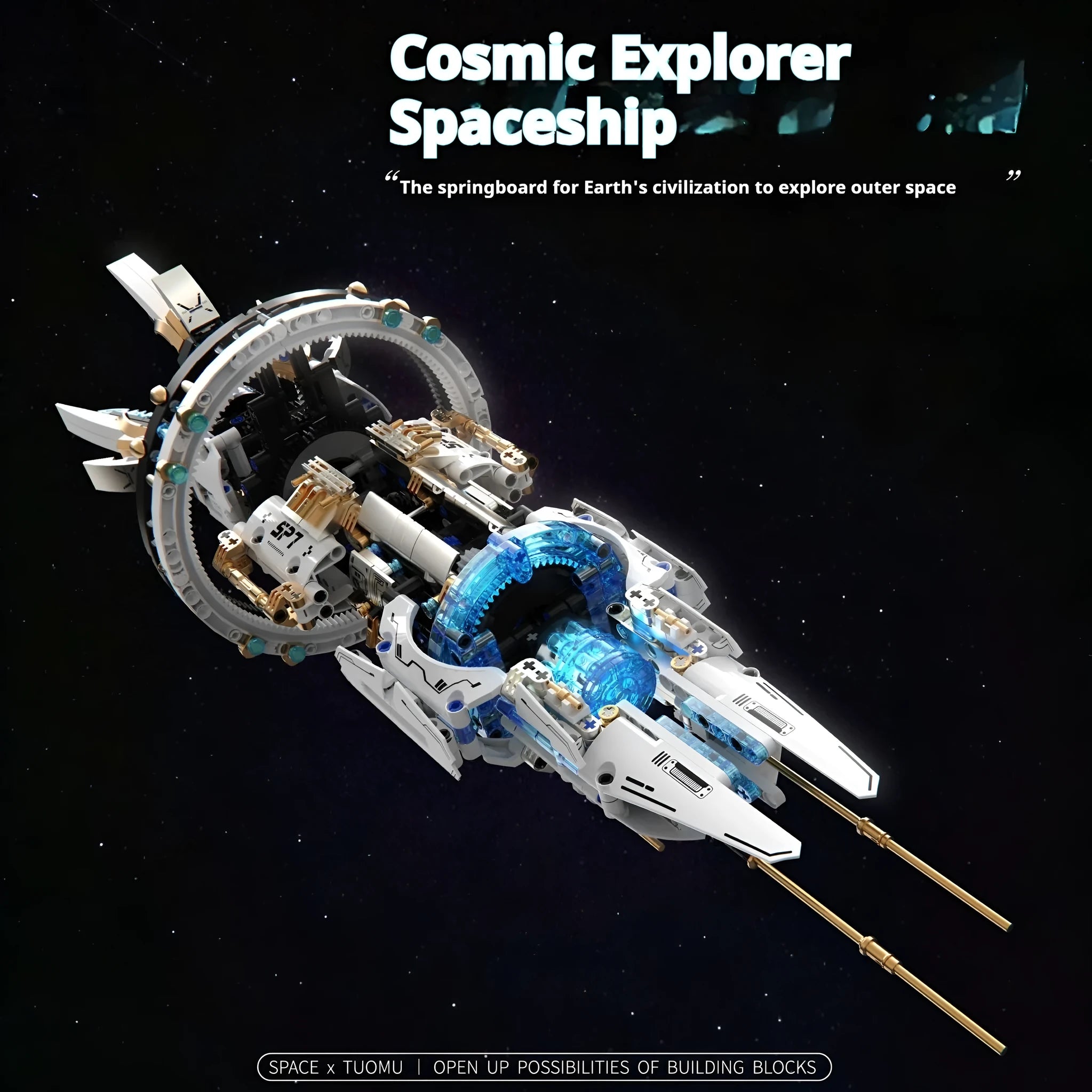 Space Explorer spacecraft small particle plastic building blocks set with flash light in colour box